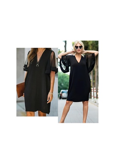 Kadın Tüllü Kısa Kollu V Yaka Krep Elbise Siyah