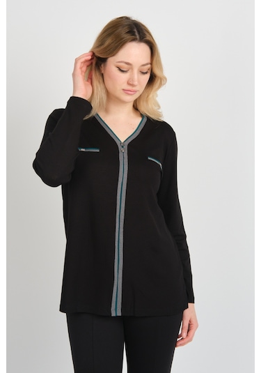 Detay Triko Kadın Süs Cepli Toka Detaylı Uzun Kol Anne Bluz 5717 Siyah Siyah