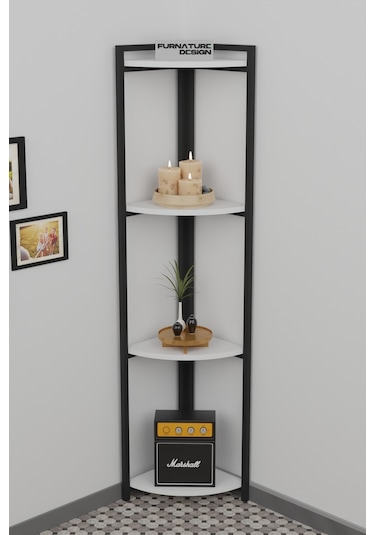 Metal Köşe Raf 4 Katlı Dekoratif Üçgen Raf Beyaz