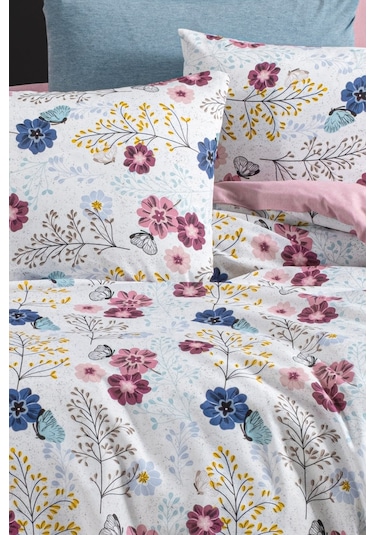 Lastikli Çarşaflı Tek Kişilik Nevresim Takımı Oillet Gül Kurusu-lacivert