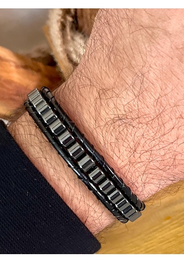 %100 Deri&hematit Kombinli Erkek Bileklik Boyut Net 21cm Füme