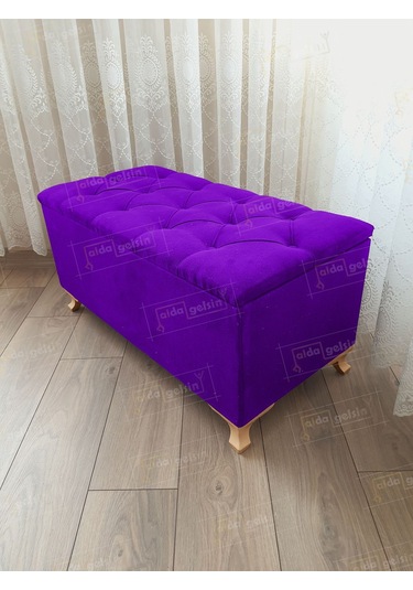 Lüks Sandıklı Kapitoneli Ayakucu Puf Bench 100 Cm Gold Ayak Eflatun