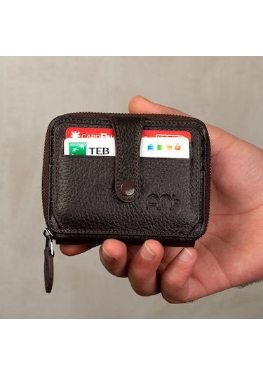Anı Yüzük Fermuar Kilitli Çıtçıtlı Erkek Deri Cüzdan Kahverengi