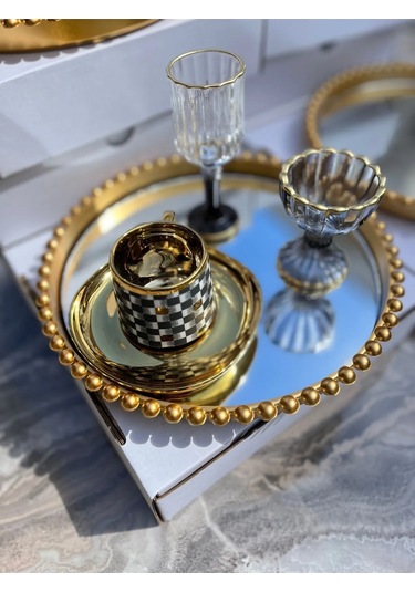 1 Adet Yuvarlak Cam Aynalı Plastik Gold Tepsi Sunum Tepsisi 24cm