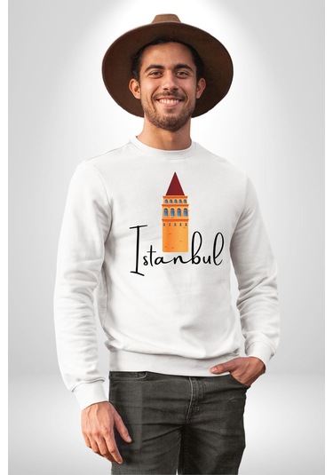İstanbul Galata Kulesi Unisex Beyaz Sweatshirt Beyaz