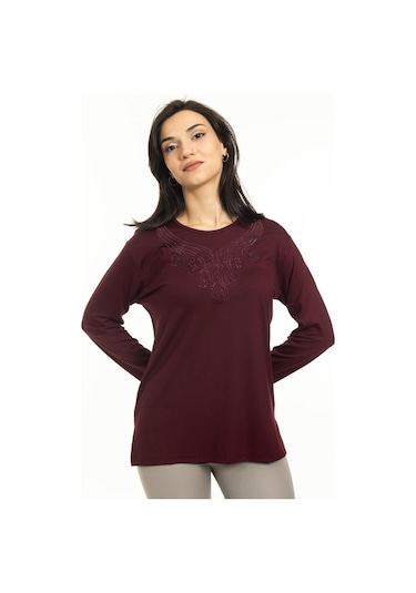 Kadın Orta Yaş Ve Üzeri Yeni Model Yuvarlak Yaka Likralı Anne Penye Bluz 30550-Bordo