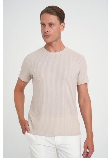 Comfort Fit Bisiklet Yaka Fitilli Kısa Kol Bej Tişört Ts 912 Bej