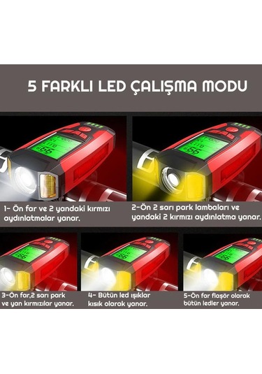 Exeo Led Bisiklet Ön Işığı Far 5 Modlu Alarm Korna Su Geçirmez Siyah