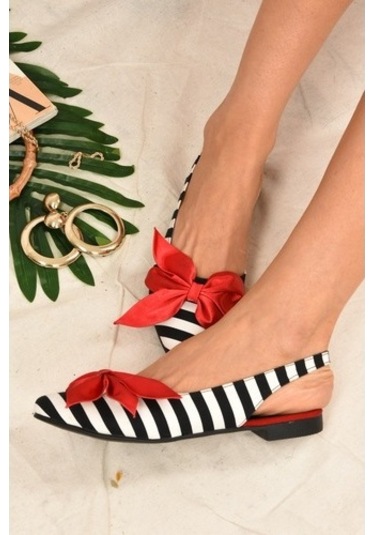 Fox Shoes Siyah/Beyaz/Kırmızı Kumaş Kadın Babet H726809004 Beyaz - Kırmızı