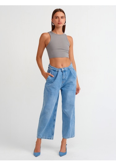 Dilvin Dikiş Efektli Crop Top Gri