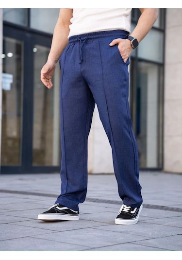 Erkek Keten Cepli Çıma Dikişli Jogger Buggy Pantalon Rahat Kalıp - Lacivert Lacivert