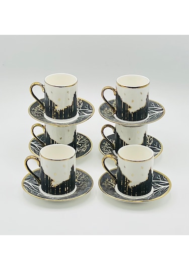 Tekbir Vintage Siyah Manzaralı Porselen Kahve Fincan Takımı