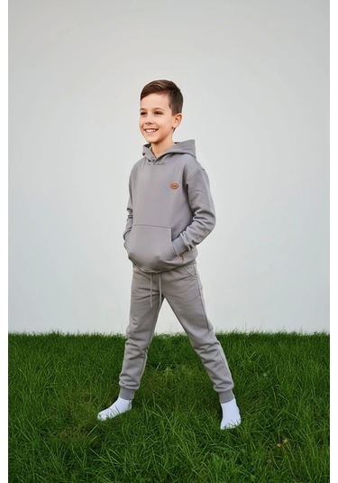Kapüşonlu Ve Kanguru Cepli Gri Renk Erkek Çocuk Eşofman Takım Gri