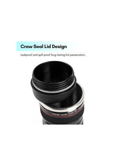 Hombey Kamera Lens Tipi 400ml Paslanmaz Çelik Termos Bardak, Fotoğrafçı Hediyesi, Sızıntı Engeli, Siyah Beyaz