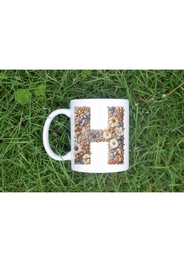 H Harfi Çiçek Desenli Kupa Bardak - Alfabe Harfleri İle Doğal Çiçekli Kupa - Hediye Fikir Beyaz