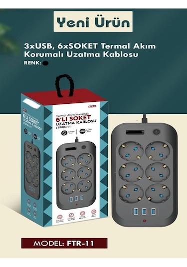 Ftr11 3xusb 6xsoket Termal Akım Korumalı 2 Metre Uzatma Kablolu A