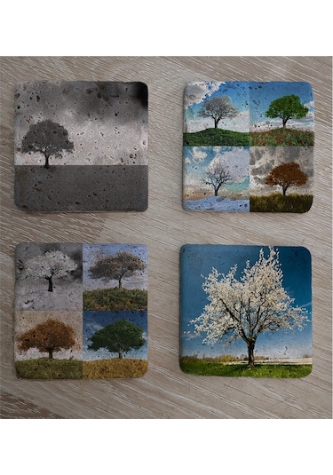 Dört Mevsim Ağaçlar Doğal Taş Bardak Altlığı 4'lü Set - Natural Stone Coasters - Taş Çok Renkli