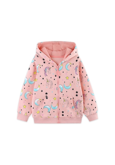 Çocuk Montu, Kapüşonlu Fermuarlı Kız Çocuğu Montu, Unicorn Baskılı Küçük Ve Orta Boy Sweatshirt Pembe