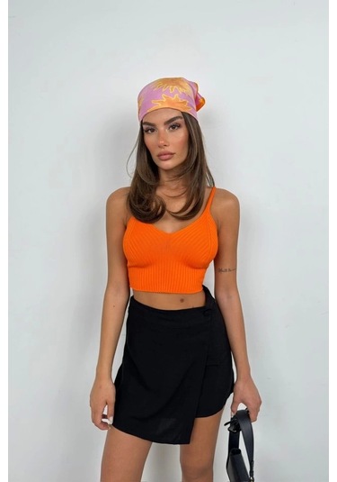 V Yaka Crop Bluz Turuncu