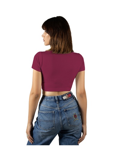 Fuşya Havuz Yaka Fitted/vücuda Oturan Kısa Kol Crop Tişört Fuşya