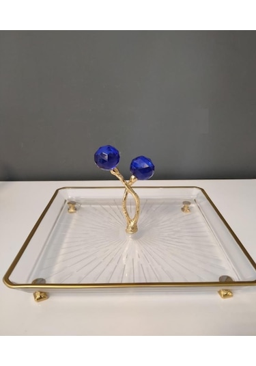 Selim Dekor Kristal Kare Büyük Sunum Mavi