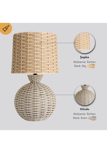 Alera Krem Gövde Bej Başlık Rattan Dekoratif Abajur Krem