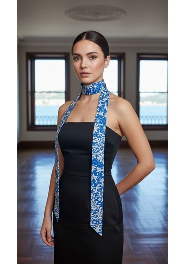 Gönülden Tasarım Çiçekli Kadın Fular Boyun Bağı155x5 Cm Mavi