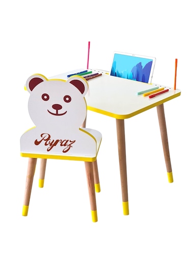 Çocuk Ders Çalışma Masa Sandalye Takımı 2-6 Yaş Sarı Ayıcıklı