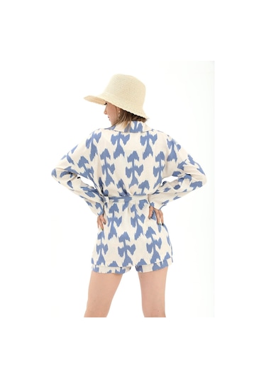 Kemerli Desenli Oversize Blazer Ceket - Mavi-mavi Mavi