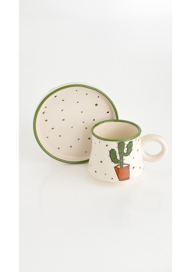 2 Li Takım Kaktüs Desenli El Yapımı Kazan Seramik Kahve Fincanı, Kahve Fincanı Beyaz