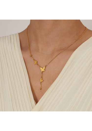 Sones Opk Gx2440 Kelebek Püskül Kolye Paslanmaz Çelik Zincir Altın