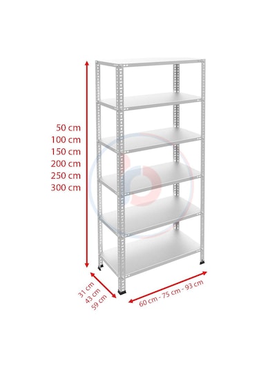 Rafburada 6 Katlı Galvaniz Çelik Raf - Depo, Arşiv, Kiler, Dosya, Market Rafı-31x60 cm-150 cm-0.70 mm