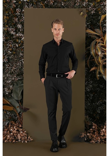 Gk 700 Slim Fit Siyah Klasik Gömlek Siyah