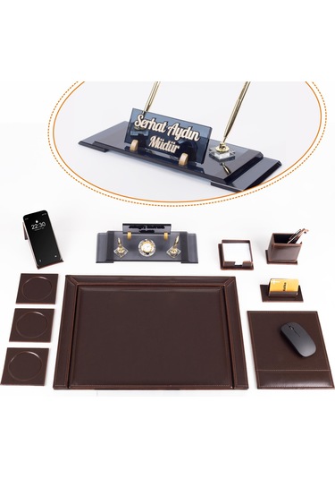 10 Parça Eskitme Desenli Kahverengi Deri Sümen Takımı Ve Kristal Masa İsimliği Ofis Masa Sümen Seti