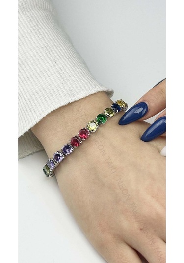 Bileklik 40, Su Yolu, Çok Renkli Zirkon Taşlı, Zincir Bileklik, Gümüş Renk Gümüş