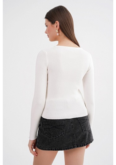 6931 Kadın Düğmeli Fitilli Triko Hırka Beyaz Beyaz