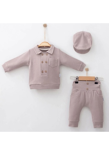 3-12 Ay Erkek Bebek Takımı Düğmeli Lüx Şapkalı 3'lü Gri Gri