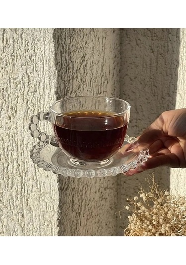 Çeyizci Çarşı 12 Parça İncili Boncuklu Nescafe Ve Çay Fincanı Takımı Şeffaf