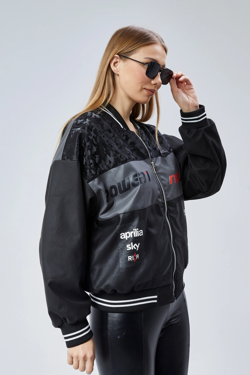 Kadın Oversize Baskılı Motorcu Yarışçı Montu Kolej Ceketi Kamuflaj