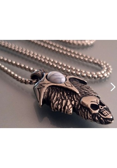 Paslanmaz Çelik Turkuaz Taş Detaylı Haç Kurukafa Kolye