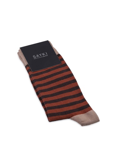 Bej Çizgili Pamuklu Soket Çorap 33676 Model12