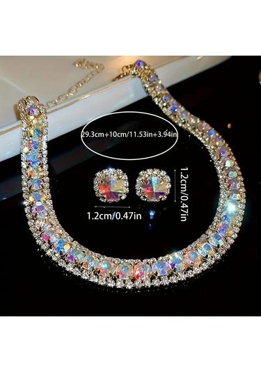 Kristal Kolye & S925 Gümüş Çivili Küpe Çok Renkli