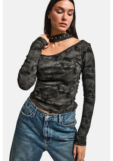 Itsbasic Kadın Siyah Antrasit W5 Asimetrik Kesim Özel Kumaş Tasarım Crop Top