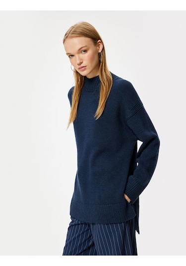 Koton Triko Tunik Kazak Dik Yaka Uzun Kollu Rahat Kalıp Lacivert 5wal60001ht Lacivert