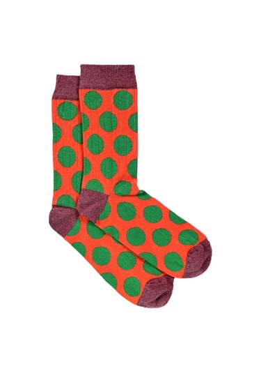 Kadın Mercan-yeşil Puantiyeli Soket Çorap Turuncu