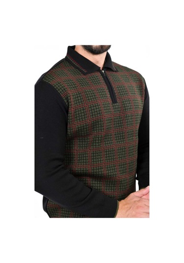 Kamalı Erkek Çelik Örgü Kazayağı Gömlek Yaka Fermuarlı Polo Yaka Tüylenmeyen Triko Kışlık Baba Kazak Siyah