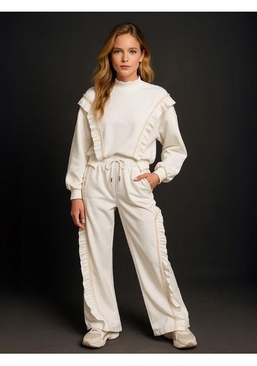 Kız Çocuk Fırfırlı Tasarım Eşofman Takımı-16228 Ekru