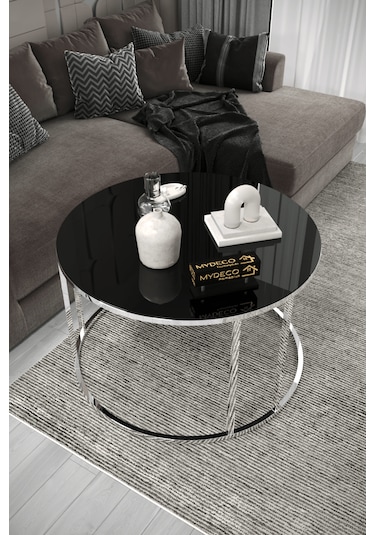 Çift Bacak Orta Sehpa Gümüş Ayak Siyah Ayna