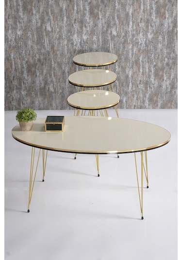 Zigon Sehpa Ve Orta Sehpa Elips Set Çift Gold Krem Tel Ayak