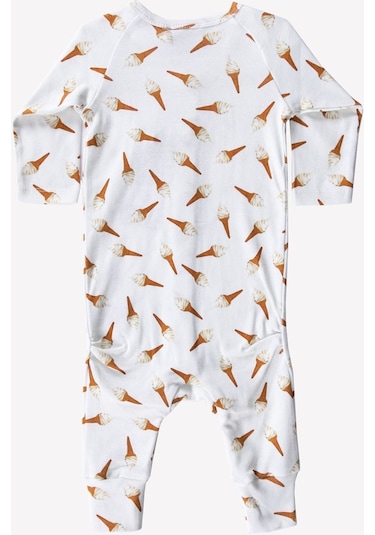 Ozmoz Dondurma Desenli Organik Bebek Tulum Ekru